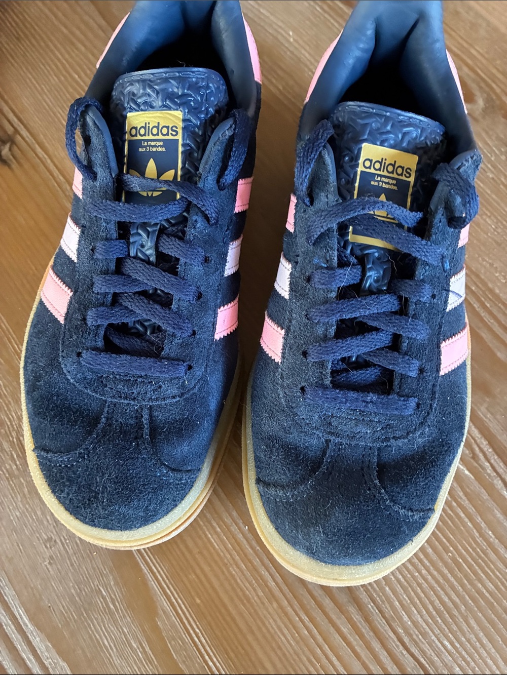adidas Kids Navy Suede Sneakers with Pink Stripes and Gum Sole